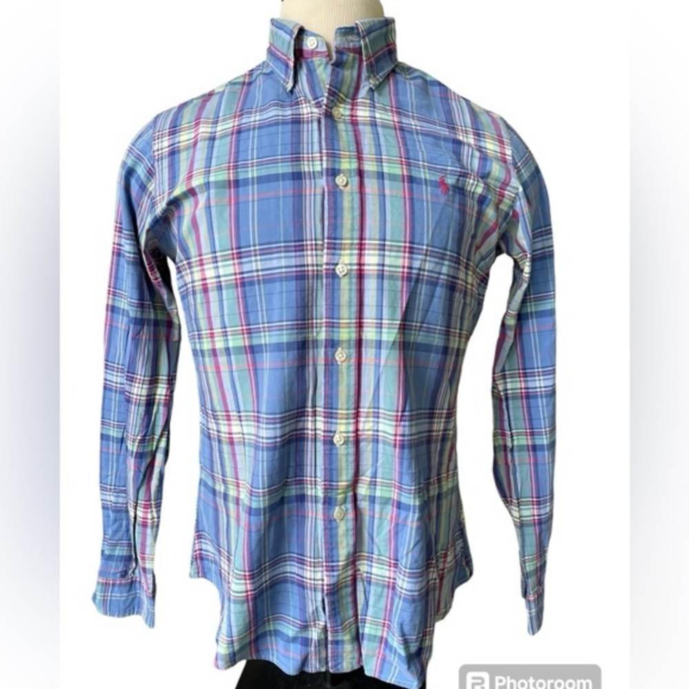 RALPH LAUREN POLO Custom Fit Button Down‎ Plaid Preppy Pony Blue Size Medium